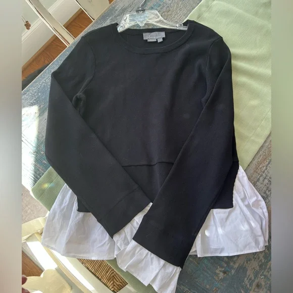 Anthropologie NWOT Black Crew Neck Sweater White Shirt Detail Attached Small - Picture 3 of 9